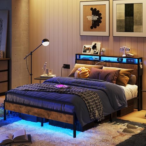 Bestier Queen Size LED Platform Bed Frame with Headboard, Storage, and Charging Station - WoodArtSupply