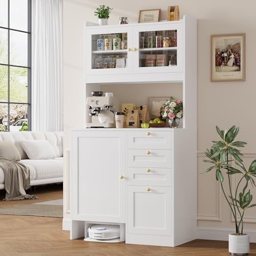 70.8"H Tall Robot Vacuum Stand Cabinet with 4 Drawers for Hanging Files, Pantry Storage Cabinet with Microwave Stand Printer Stand and Adjustable Shelves Bookcase for Living Room, Office, White Keyluv