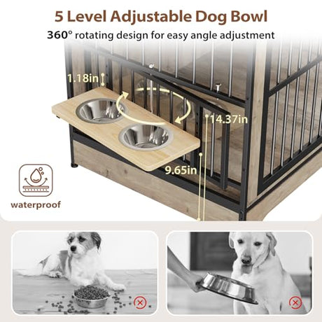 Rovibek 78 Double Dog Crate Furniture for 2 Large Dogs Indoor, Wooden Furniture Dog Crates with Dog Bowl, Dog Kennel Furniture TV Stand Large Breed Grey Rovibek