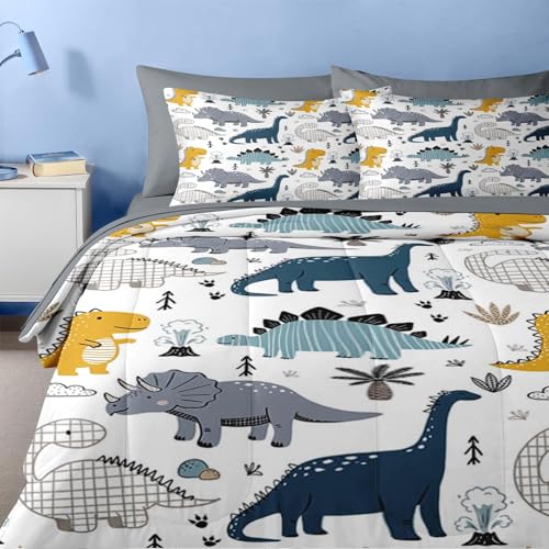 Nesker 5 Pcs Comforter Set Twin Size, Cute Dinosaur Bedding for Kids Teen, Blue Yellow Gray Dino Bedding Set with Pillowcase & Sham for Bedroom Bed Decor Nesker