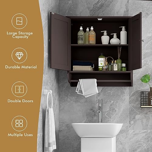 Tangkula Bathroom Cabinet Wall Mounted, Bathroom Medicine Cabinet with Bar&Double Door&Adjustable Shelf, Over The Toilet Storage Cabinet, Hanging Cabinet for Bathroom Laundry Kitchen (Brown) Tangkula