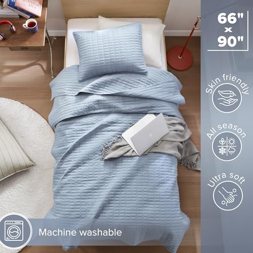 Comfort Spaces Kienna Quilt Set- Double Sided Stitching Design Summer Blanket, Lightweight, Soft, All Season Bedding Layer, Matching Sham, Blue, Coverlet Twin/Twin XL(66"x90") 2 Piece Comfort Spaces