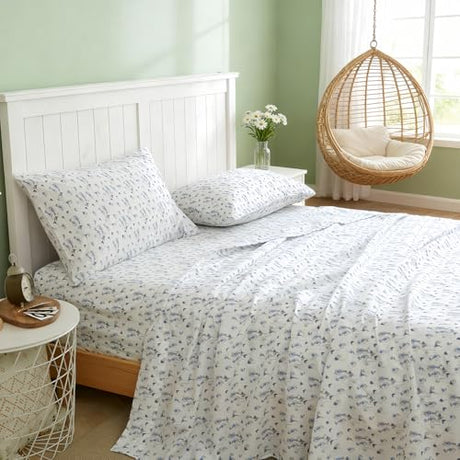 HENGWEITEXT King Sheet Set, 4 Piece Bed Sheets for King Size Bed Set, 17 Inch Sheets Deep Pocket, Soft and Breathable Microfiber, Wrinkle Free, Printed Light Blue Flowe Patterned Double Bedding HENGWEITEXT