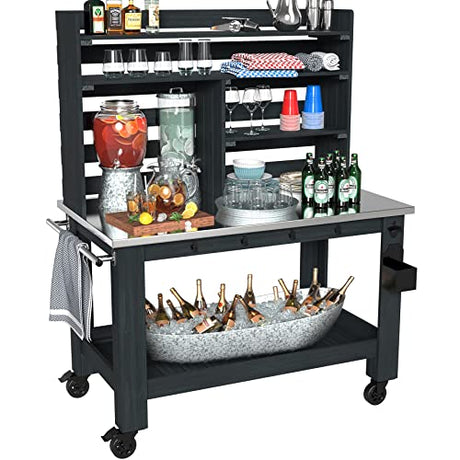 GDLF Potting Bench Table Large Outdoor Kitchen Island Prep Station with Stainless Steel Top Waterproof Cover, Hardwood, 66.9" H GDLF