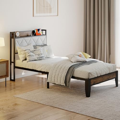 Sweetcrispy Twin Bed Frame with Headboard, Storage Headboard with USB Charging Station, Durable Squeak-Free Frame, Simple No-Tool Assembly,Works with Twin Mattress No Box Spring Needed Sweetcrispy