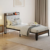 Sweetcrispy Twin Bed Frame with Headboard, Storage Headboard with USB Charging Station, Durable Squeak-Free Frame, Simple No-Tool Assembly,Works with Twin Mattress No Box Spring Needed Sweetcrispy