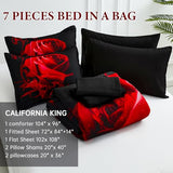 WONGS BEDDING Red Comforter Set Cal King, Reversible Red Rose 7 Pieces Bed in a Bag, Lightweight Soft Microfiber Bedding Sets with Comforter, Flat Sheet, Fitted Sheet, Pillowcases & Shams WONGS BEDDING