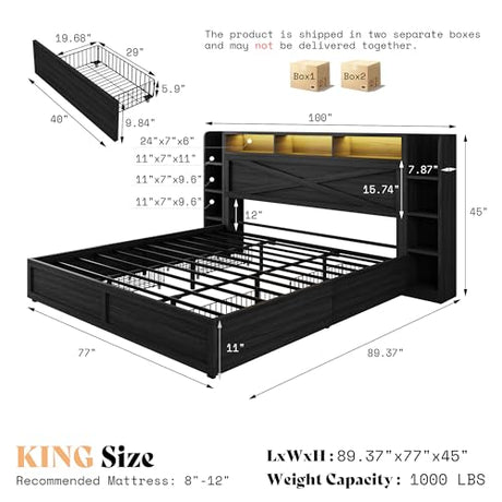 AMERLIFE 45'' Farmhouse King Bed Frame with 4 Drawers, LED Bed Frame with Bookcase Headboard & Side Shelves, Wood Platform Bed with Charging Station, Black AMERLIFE