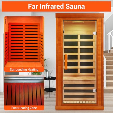 Bowear Far Infrared Sauna for 1-2 Person, 110V 1120W Indoor Home Sauna with Bluetooth Audio, 7 Colors Light Therapy, Reading Lamp, Time & Temperature Adjustable, Oguman Wood Dry Sauna Bowear