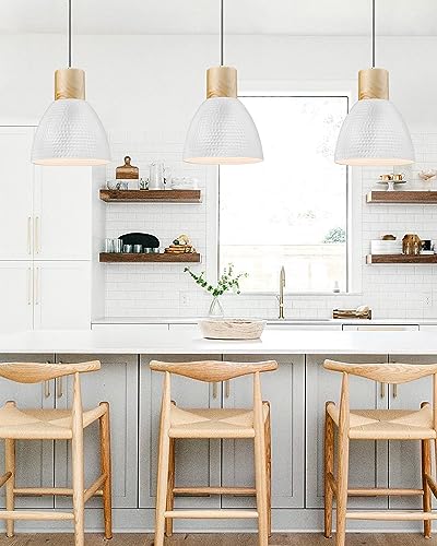 ELYONA Modern Pendant Light Fixtures, 10.2” Hammered Metal & Rubber Wood Island Hanging Lamp, Adjustable Height, Pendant Lighting for Kitchen,Farmhouse Bar,Dining Room,Bedroom, Nordic White ELYONA
