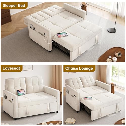 DWVO 3 in 1 Convertible Sleeper Sofa Bed, 55" Pull Out Sofa Bed with Adjustable Backrest and USB, Velvet Futon Couch with Side Pockets for Living Room, Beige DWVO