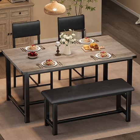 Garvee Wooden Dining Table Set for 4, Kitchen Table and 2 Upholstered Chairs with Bench, Rectangular Dining Room Set, for Small Space, Apartment, Home, Easy Assembly, Retro Gray Garvee