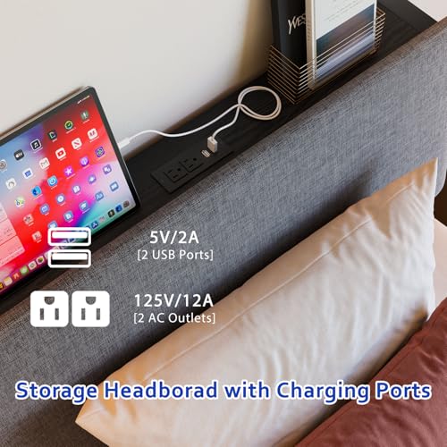 VECOCHO Twin Bed Frame with Storage Headboard,Heavy Duty Metal Platform Bed Frame Twin with Charging Station and LED Lights,Ergonomic Upholstered Single Bed No Box Spring Needed,Noise-Free Slats,Black VECOCHO
