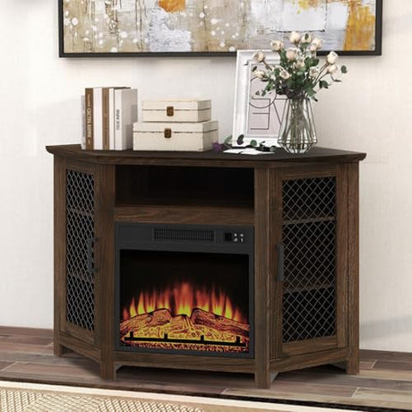 47" Corner Fireplace TV Stand for TVs Up to 55", Farmhouse Fireplace TV Stand with Remote 18" Electric Fireplace, Entertainment Center with Storage & Open Shelves for Living Room, Bedroom, Brown Vaczon