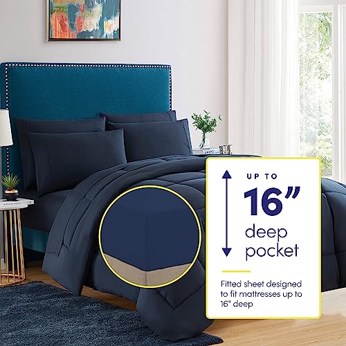 Sweet Home Collection 5 Piece Comforter Set Bag Solid Color All Season Soft Down Alternative Blanket & Luxurious Microfiber Bed Sheets, Navy, Twin Sweet Home Collection