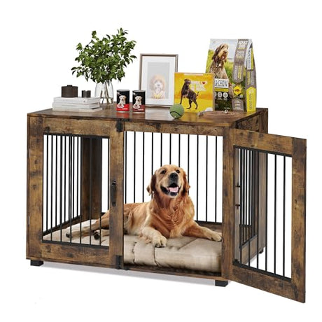 31.5" Dog Crate Furniture - Chew-Resistant Wooden Kennel with Locking Double Doors, Indoor Pet Cage End Table for Medium Breeds GAOMON