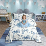 Feelyou Blue Bow Bedding Set Cute Bowknot Comforter Set for Kids Boys Girls Teens Room Decor Princess Comforter Twin Size Girly Kawaii Duvet Set 2Pcs Feelyou