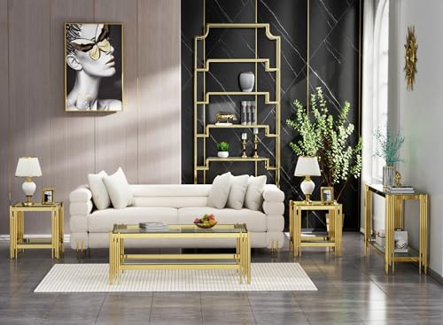 Goujxcy Gold Coffee Table Set of 4 Luxury 2-Tier Black Glass Coffee Table Console Table & 2 End Table w/Mirrored Stainless Steel Frame 4 Pieces Living Room Table Set for Home Office Goujxcy