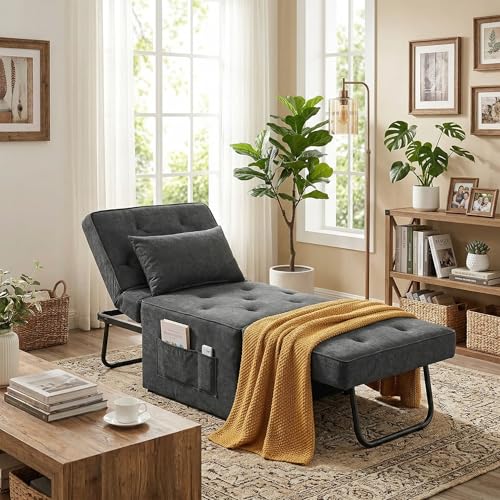 PORWEY Sleeper Chair Sofa Bed, 4-in-1 Convertible Futon Chair Multi-Function Couch Folding Ottoman with Adjustable Backrest for Living Room Apartment Office, No Assembly Required, 29” Width,Dark Gray PORWEY