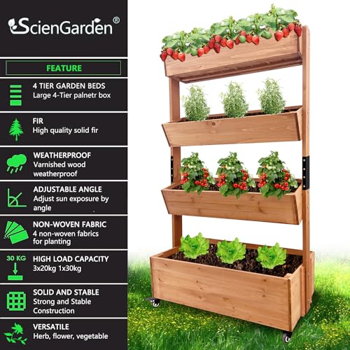 ScienGarden Wooden Raised Garden Bed, Vertical 4 Tiers Wood Planter Box with Wheels for Outdoor Indoor Balcony, Herb Garden Gardening Vegetables