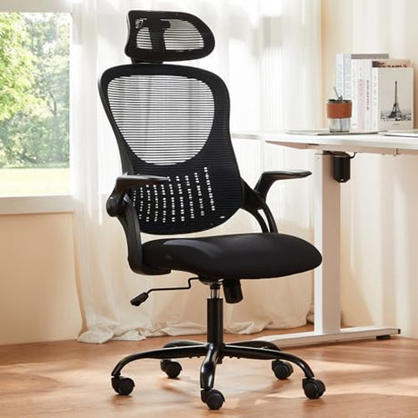 Sweetcrispy Home Office Managerial Executive Chair, High-Back Mesh with Adjustable Headrest, Flip-up Armrest Comfortable Lumbar Support, Comfy Arms for Bedroom,Study,Student Sweetcrispy