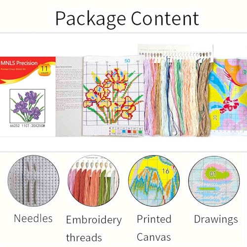 Zhenqing Stamped Cross Stitch Kit,Floral Cross Stitch Designs,11count 7.87 * 7.87in,Counted Cross Stitch Kit,Simple and Easy to Embroider,Suitable for Beginners, Entry-Level kit-Iris (66252)