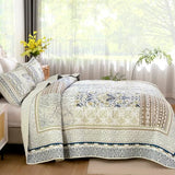 WONGS BEDDING Boho Quilt Set Queen, 3 Pieces Beige Patchwork Bedspread Coverlet Set,Soft Lightweight Microfiber Bohemian Floral Pattern Bedding Set for All Season (96"X90") WONGS BEDDING