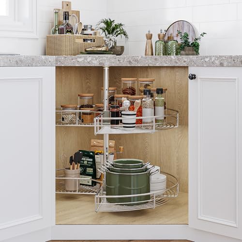 DWVO 28-Inch 2-Tier Lazy Susan Turnable for Cabinet, Rotating 2-Shelf Lazy Susan Corner Organizer with Adjustable Height for Kitchen Pantry, Chrome-Plated Double Spinning Corner Organizer, Silver DWVO
