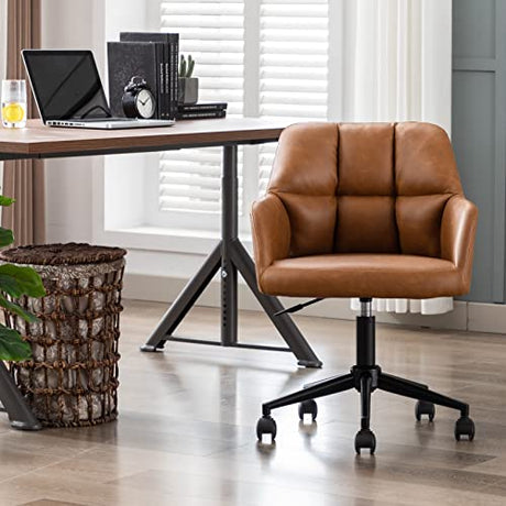 Brown Leather Desk Chair Office Chair with Mid Back Support Armrest, Adjustable-Height 360° Swivel Rolling Task Chair Home Office Modern Vanity Chair, Brown BESTANO