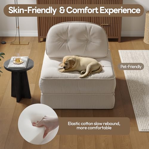 Dowinx Folding Sofa Bed with Pillow, Convertible Comfy Couch Bed for Adults Home Lounge and Gaming, Modern Comfortable Design for Apartment Living Room Bedroom, Single, Ribbed Velvet, White Dowinx