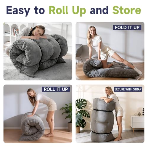 KOSRLY 6" Futon Mattress Full Size, Tufted Futons Sofa Couch Bed with Twisted Rope Design Edging,Versatile Floor Mattress for Adults，Shredded Foam Filling (Frame Not Included Gray, Full) KOSRLY