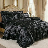 Bedbay Black Satin Comforter Queen Pinch Pleat Bedding Silk Like Satin Ruffled Duvet Set 4 Pcs with Black Ruffle Silky Body Pillow Cover Aesthetic Room Decor Luxury Satin Bedding Set for All Season Bedbay