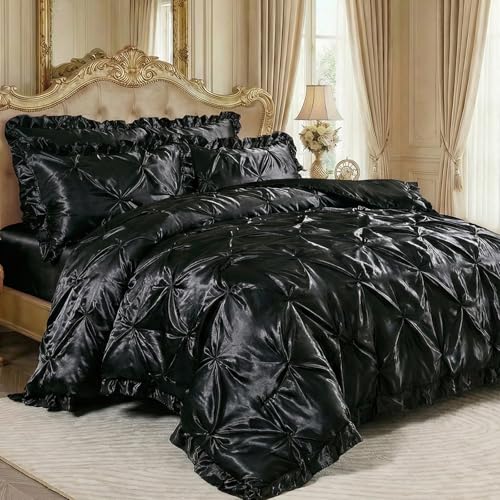 Bedbay Black Satin Comforter King Pinch Pleat Bedding Silk Like Satin Ruffled Duvet Set 4 Pcs with Black Ruffle Satin Body Pillow Cover Aesthetic Room Decor Luxury Silky Bedding Set for All Season Bedbay