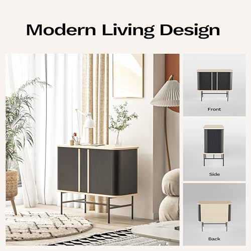 roomfitters Sideboard Buffet Cabinet with Sliding Doors, Mid Century Modern Credenza with 2 Tambour Doors, Minimalist Accent Storage Cabinet for Living Room, Media Console with Storage, Black roomfitters