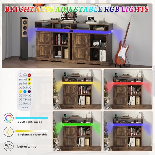 St.Mandyu Record Player Stand with Sliding Doors, 15.7" D x 39.4" W x 40" H Record Storage Cabinet with Charging Station Holds Up to 450 Albums, Vinyl Display Shelf for Living Room, Brown St.Mandyu
