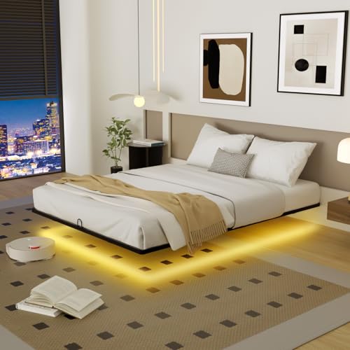 YIADDTION Queen Size Floating Bed Frame with Smart LED Lights, Modern Metal Platform Floating Bed Frame Queen - Heavy Duty Easy Assembly No Box Spring Needed and Noise Free YIADDTION
