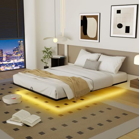 YIADDTION Queen Size Floating Bed Frame with Smart LED Lights, Modern Metal Platform Floating Bed Frame Queen - Heavy Duty Easy Assembly No Box Spring Needed and Noise Free YIADDTION