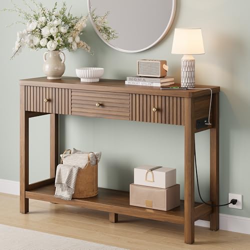 47 Inch Fluted Console Table with Outlets and USB-C Port, Mid Century Modern Sofa Table with 3 Drawers and Open Shelf, Entryway Table with Charging Station for Behind Couch, Hallway, Foyer, Walnut Decofy