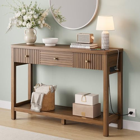 47 Inch Fluted Console Table with Outlets and USB-C Port, Mid Century Modern Sofa Table with 3 Drawers and Open Shelf, Entryway Table with Charging Station for Behind Couch, Hallway, Foyer, Walnut Decofy