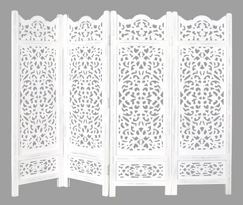 Room Divider Wood Screen Panel – Antique White, 4-Panel Folding 64"x48", Hand-Carved, Reversible Privacy Partition, Decorative & Functional Portable Room Divider for Home or Office The Wooden Town