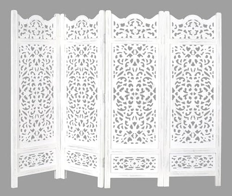 Room Divider Wood Screen Panel – Antique White, 4-Panel Folding 64"x48", Hand-Carved, Reversible Privacy Partition, Decorative & Functional Portable Room Divider for Home or Office The Wooden Town