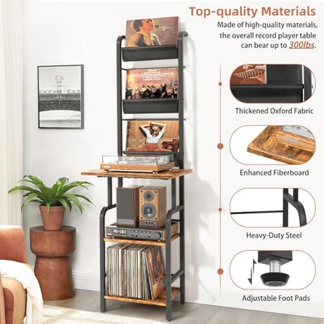 Record Player Stand with Vinyl Storage, Record Player Table with Vinyl Record Storage up to 250 Albums, Turntable Stand with Record Holder Display Shelf, Record Player Cabinet Organizer Rack Tewinko