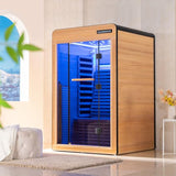 WOODBRIDGE Infrared Home Sauna Room 2 Person Hemlock Wooden Indoor Sauna,7 Carbon 2230W/120V Heaters,with Led Color Therapy Light,Bluetooth Speaker,Tempered Glass,Touch-Tone Keypad and A Top Vent WOODBRIDGE