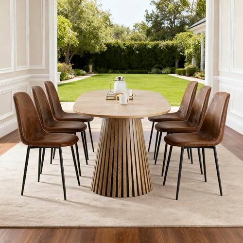 39"-71"Extendable Dining Table Set for 6, Oval Wood Dining Room Table Set with Fluted Pedestal Base & Soft Suede Chairs, Mid-Century Modern Extendable Kitchen Table Set for 6 for Home, Space-Saving Rejeke