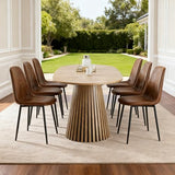 39"-71"Extendable Dining Table Set for 6, Oval Wood Dining Room Table Set with Fluted Pedestal Base & Soft Suede Chairs, Mid-Century Modern Extendable Kitchen Table Set for 6 for Home, Space-Saving Rejeke
