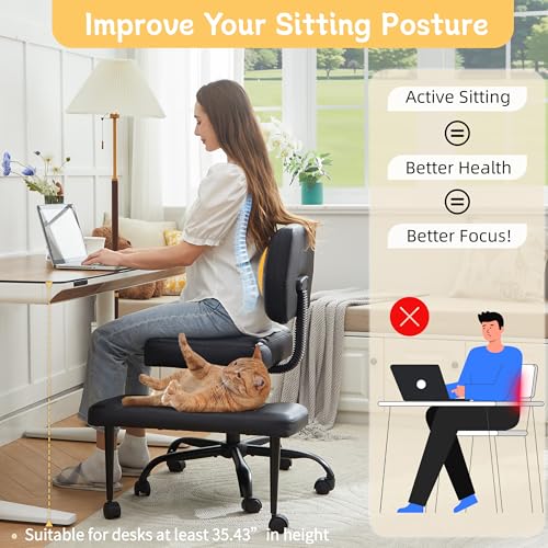 Criss Cross Legged Office Chair with Wheels,Swivel Meditation Chair for ADHD,Ergonomic Cross Legged Desk Chair with Thicken Adjustable Footstool,PU Sitting Fidgeting Kneeling Chair for Home Yoga Black BIGGARSIT