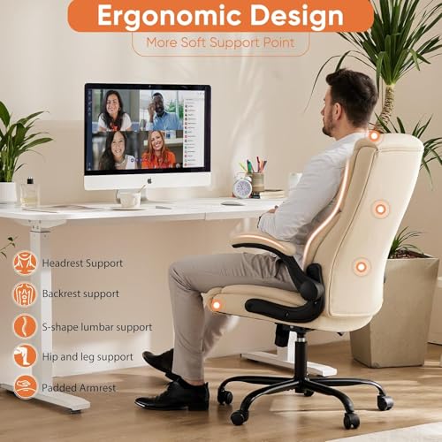 Sweetcrispy Ergonomic Office Chair Heavy Duty Task Desk Chair with Flip-up Arms, PU Leather, Adjustable Swivel Rolling Chair with Wheels, Beige Sweetcrispy