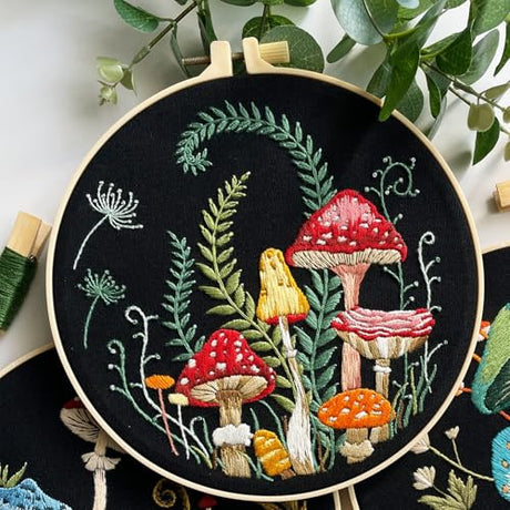 Myfelicity Embroidery Kit with Mushroom Patterns, 3 Hoops, Fabric, Threads, Needles, Instructions (red) Myfelicity