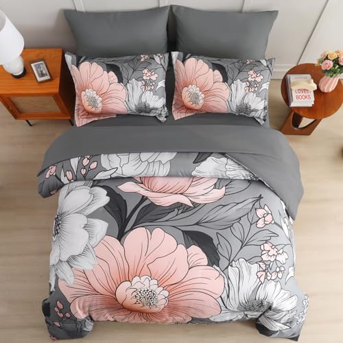 Xruibed King Comforter Set 7 Pieces Grey Floral Comforter Set King Size Bed in a Bag Flower Bedding Sets Lightweight Boho Bed Set with Sheet,Pillowcases&Shams for All Season Xruibed