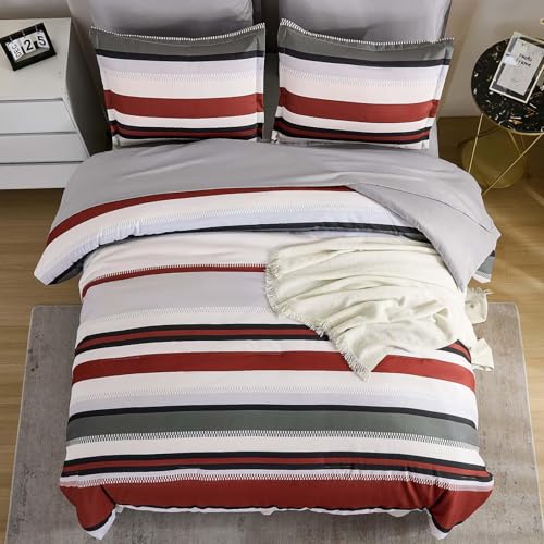 WONGS BEDDING Queen Comforter Set, 7 Pieces Comforter Set Queen, Red Bed in a Bag, Soft Micorfiber Striped Bedding Set with Comforter, Flat Sheet, Fitted Sheet, Pillow Shams, Pillowcase WONGS BEDDING